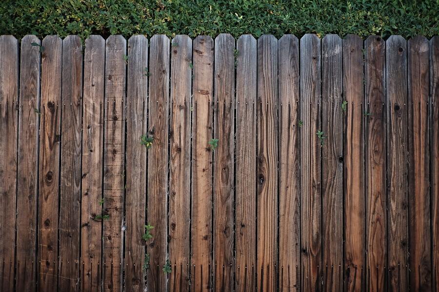 A wooden privacy fence running along a suburban backyard