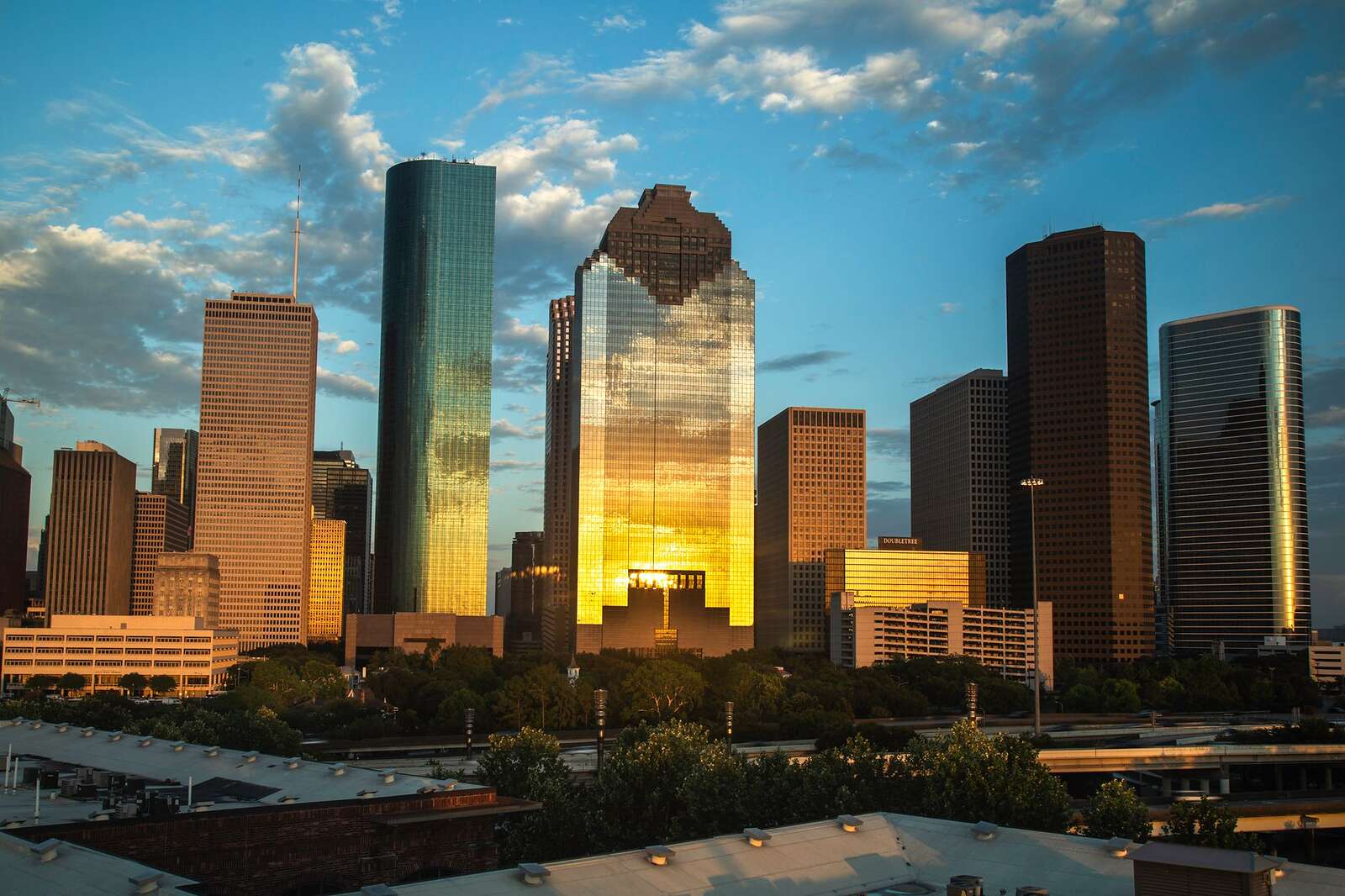 The downtown Houston skyline under a clear sky