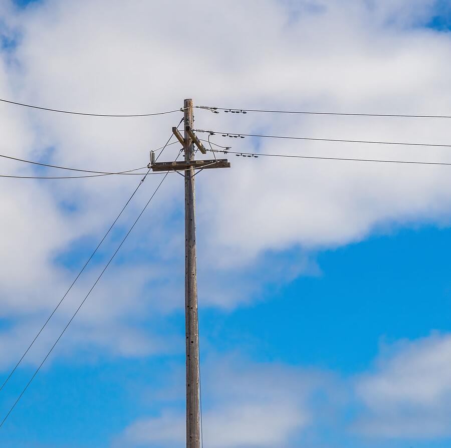 A wooden utility pole and lines against a blue sky, a roof rat route to the eave